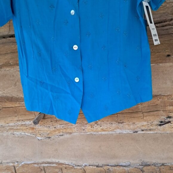 Kim Rogers Turquoise Short Sleeved Silk & Cotton Embroidered Blouse Size Medium - Picture 3 of 8